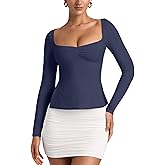 REORIA Womens 2025 Fall Trendy Tops Long Sleeve Shirts for Women Square Neck Going Out Side Slit Tshirts Cute Basic Tee