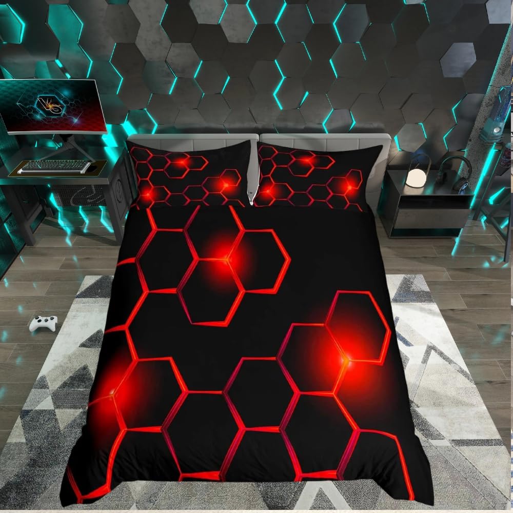 Loussiesd King Kids Honeycomb Bedding Set Ice Sports Games Duvet Cover for Boys Children Teens Bedroom Decor Geometrical Comforter Cover Set Beehive Geometric Black Red Bedspread with 2 Pillow Case