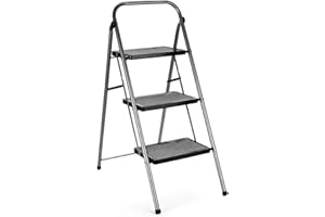 Delxo Portable Collapsible Lightweight Alloy Steel 3-Step Stool Stepladder with Wide Pedal, Hand Grip and Locking Mechanism, Gray