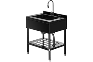 Stainless Steel Utility Sink, 25.7"x20.7"x39.5" Freestanding Dual Bowl with Drainboard & Pull-Out Hot/Cold Faucet, Drain Kit 