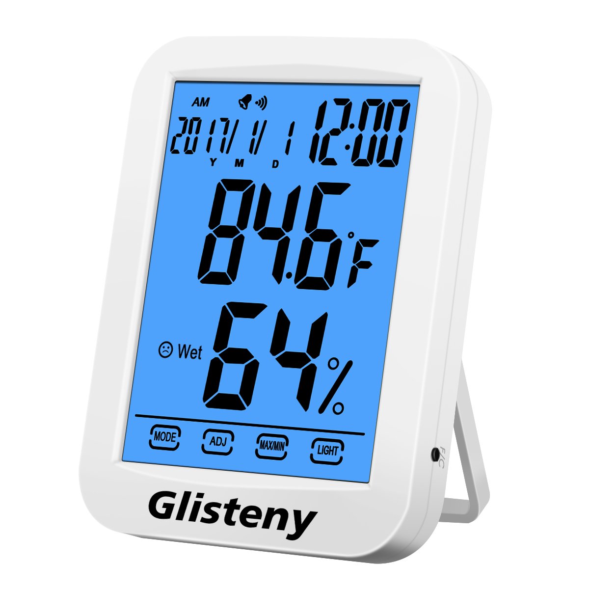 Thermomètre Hygromètre Intérieur,GLISTENYThermomètre Interieur Numérique à écran LCD Tactile,Moniteur de Température et d\'humidité avec horlogie calendrier