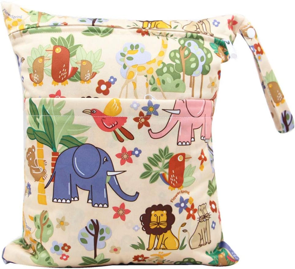 BIGBOBA Travel Portable Baby Wet/Dry Bag Diapers Wet Bags, Double Zippered Waterproof, Washable Reusable Cloth Bags, Cute Forest Animal Pattern, 30 * 36CM