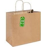 PAICUIKE 100Pcs Large Brown Paper Bags with Handles, 13x7x13 Inch Gift Bags for Business, Shopping, Party, Wedding & Birthday | Natural Brown Kraft Bags for Retail, Merchandise & Events