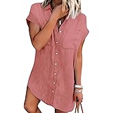 Zilcremo Women Denim Shirt Dresses Short Sleeve Distressed Jean Dress Button Down Casual Tunic Top