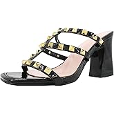 QEOSNBX Women'S Leather T-Strap Strappy Studded Chunky Heel Slide Sandals Fashion Multi Band Square Toe Open Slip On Comfort Block High Heel Slingback Mule Slipper For Beach Prom Party Wedding Dress