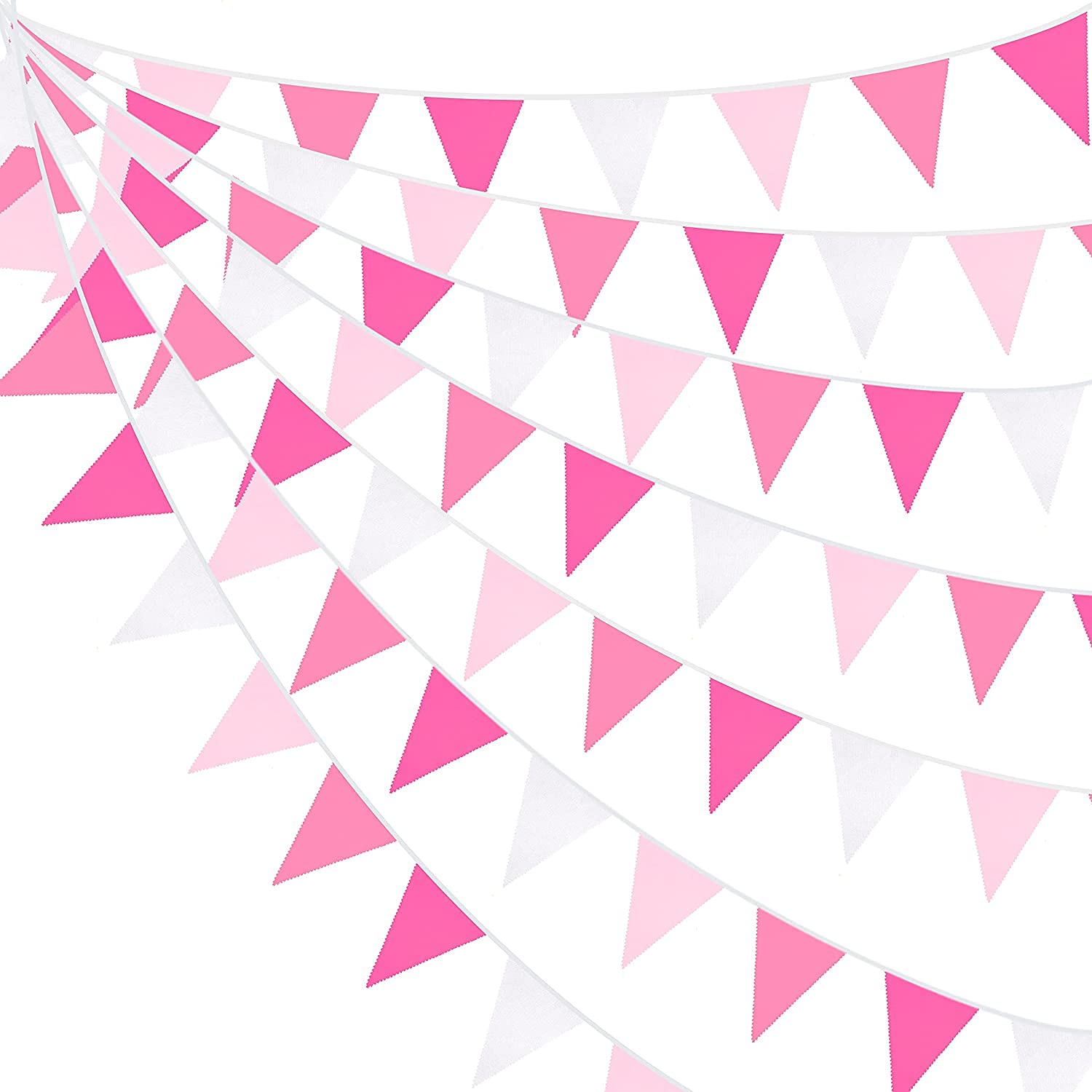 10M/32.8 Ft Rose Pink Bunting Banner Fabric Flag Cotton Pennant Cloth Bunting Triangle Garland for Wedding Birthday Baby Shower Anniversary Nursery Outdoor Garden Hanging Festivals Party Decorations