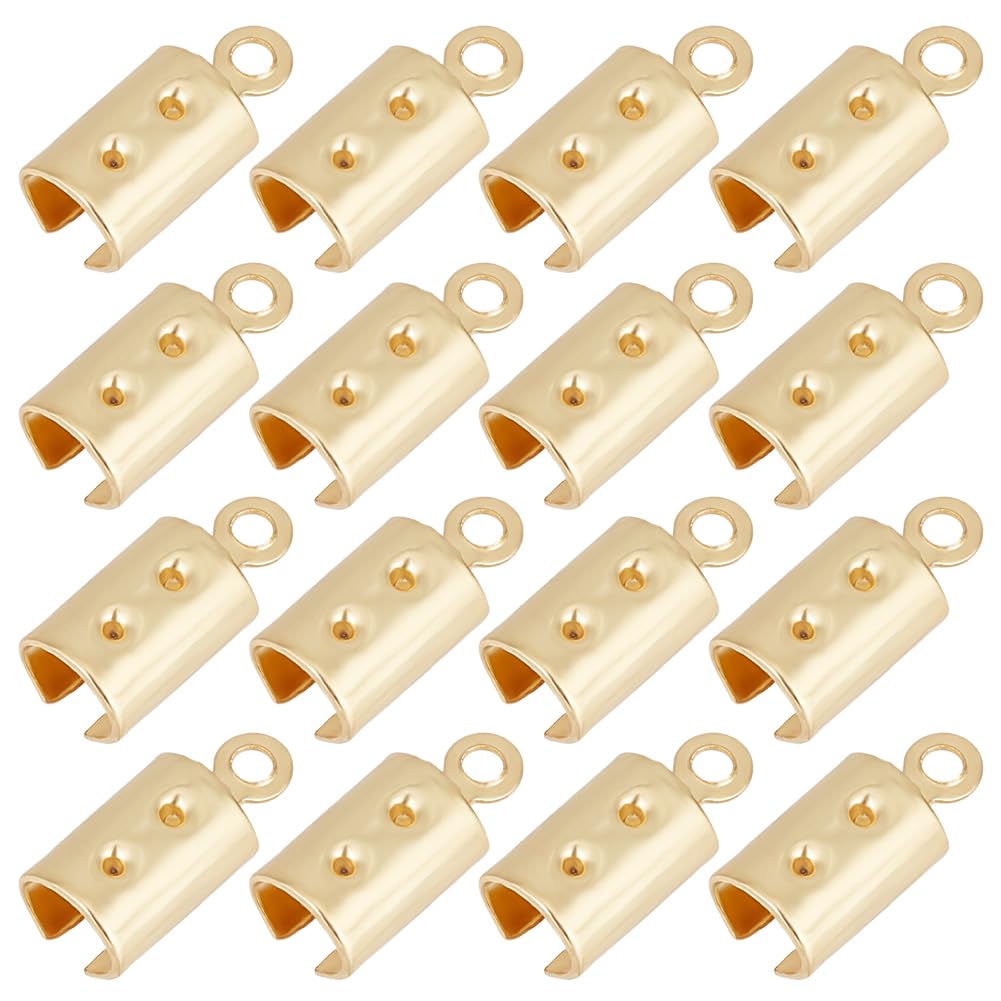 SUNNYCLUE 1 Box 100Pcs Crimp End Tips Real 18K Gold Plated Fold Over Cord Ends 4.5mm Inner Dia. 1.2mm Hole Stainless Steel Folding Crimp Ends Leather Cord End Tips Caps for Jewellery Making Cord Ends