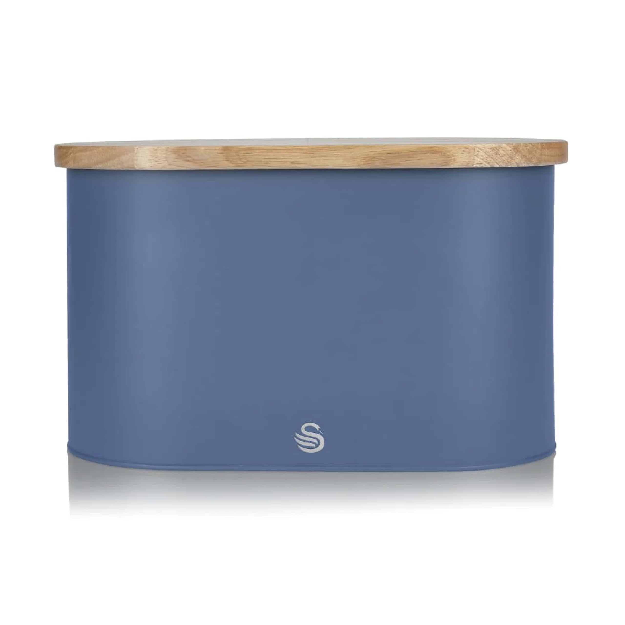 Swan Nordic Oval Bread Bin with Cutting Board Lid, Carbon Steel Body, Airtight Bamboo Lid, Blue