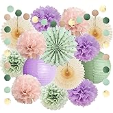 Sage Green and Purple Party Decorations Baby Shower Girl Decorations Sage Green Purple Pink Birthday Party Light Purple Blush Pink Tissue Paper Pom Poms Beige Fans Kit for Wedding Engagement