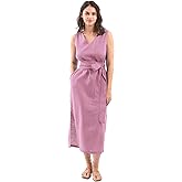 Amazhiyu Womens 100% Linen Summer V-Neck Midi Dresses Sleeveless with Pockets