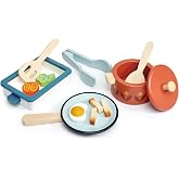 Tender Leaf Toys - Pots and Pans - 13 Pcs Wooden Pretend Cooking Playset, Play Kitchen Cookware Accessories Set for Kids - Age 3+