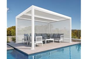 PURPLE LEAF Louvered Pergola 10' x 14' White Outdoor Aluminum Pergola with Roller Blinds Adjustable Gazebo Rainproof for Patio Deck Garden, 1 Long Side and 1 Short Side