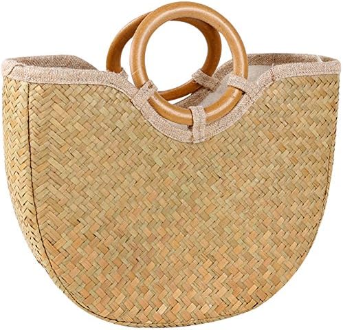 eronde Straw Picnic Beach Bag Natural Semicircle Shaped Hand-woven Handbags