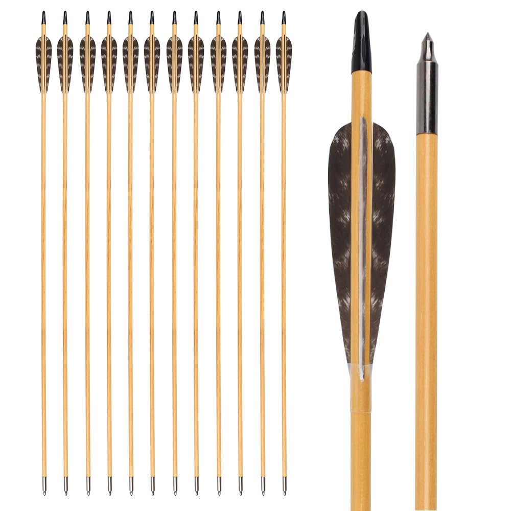 32 Inch Wooden Arrows Hunting 4 Inch Turkey Feathers Fletching Practice Target Arrow for Traditional Recurve Bow Horsebow Longbow (Pack of 12)