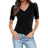 DOROSE Womens T Shirts Short Sleeve V Neck Summer Tops Slim Fit Puff Sleeve Ruched Front Shirts