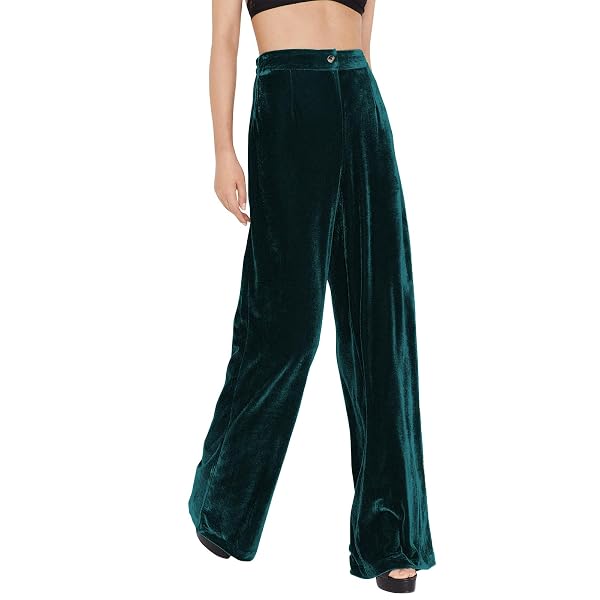 FAIABLE VELVET PANTS FOR WOMEN HIGH WAISTED WIDE LEG PALAZZO PANTS CAUSAL OUTFITS LONG FLOWY TROUSERS WITH POCKETS DARK GREEN