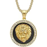 Jemant Lion Head Necklace For Men Women Gold Silver Pendant Shield Roar Round Rhinestones Stainless Steel Punk Goth Cool Viking Vintage Lion Necklace For Him Huaband Boyfriend