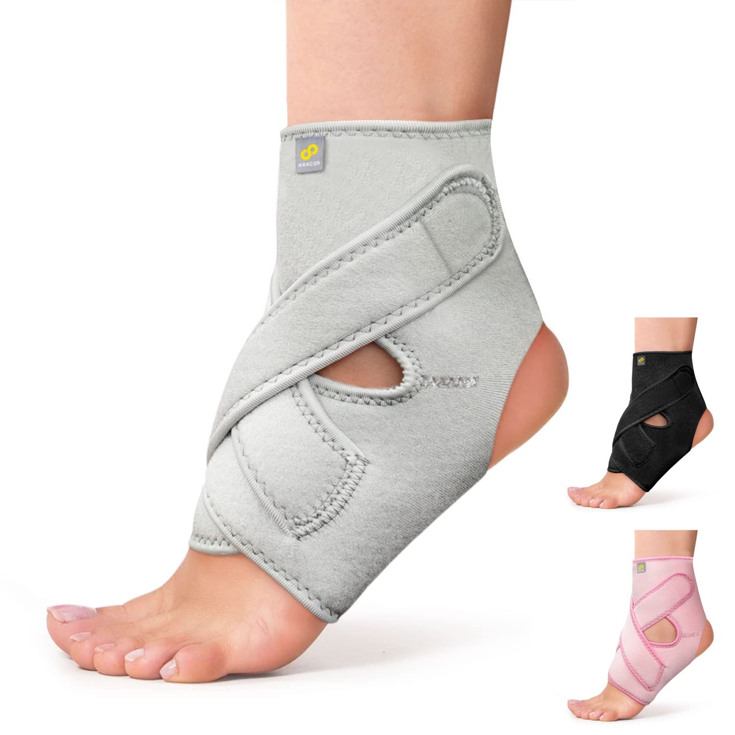 BRACOO FS10 Ankle Support, Open-Heel Foot Brace with Adjustable Straps – for Achilles Tendonitis, Ligament Damage, Sprains and Sports Injuries (Grey, L/XL)