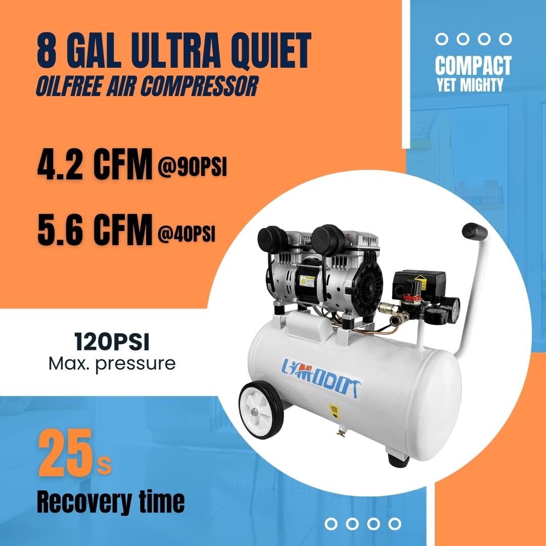 Portable 8 Gal Aluminum Tank Air Compressor, Rustproof, Lightweight at Only 37.5 Pounds, Efficiency Dual Air Intakes, Quiet Air Compressor, 68dB, Ideal for DIY, Home & Garage Applications
