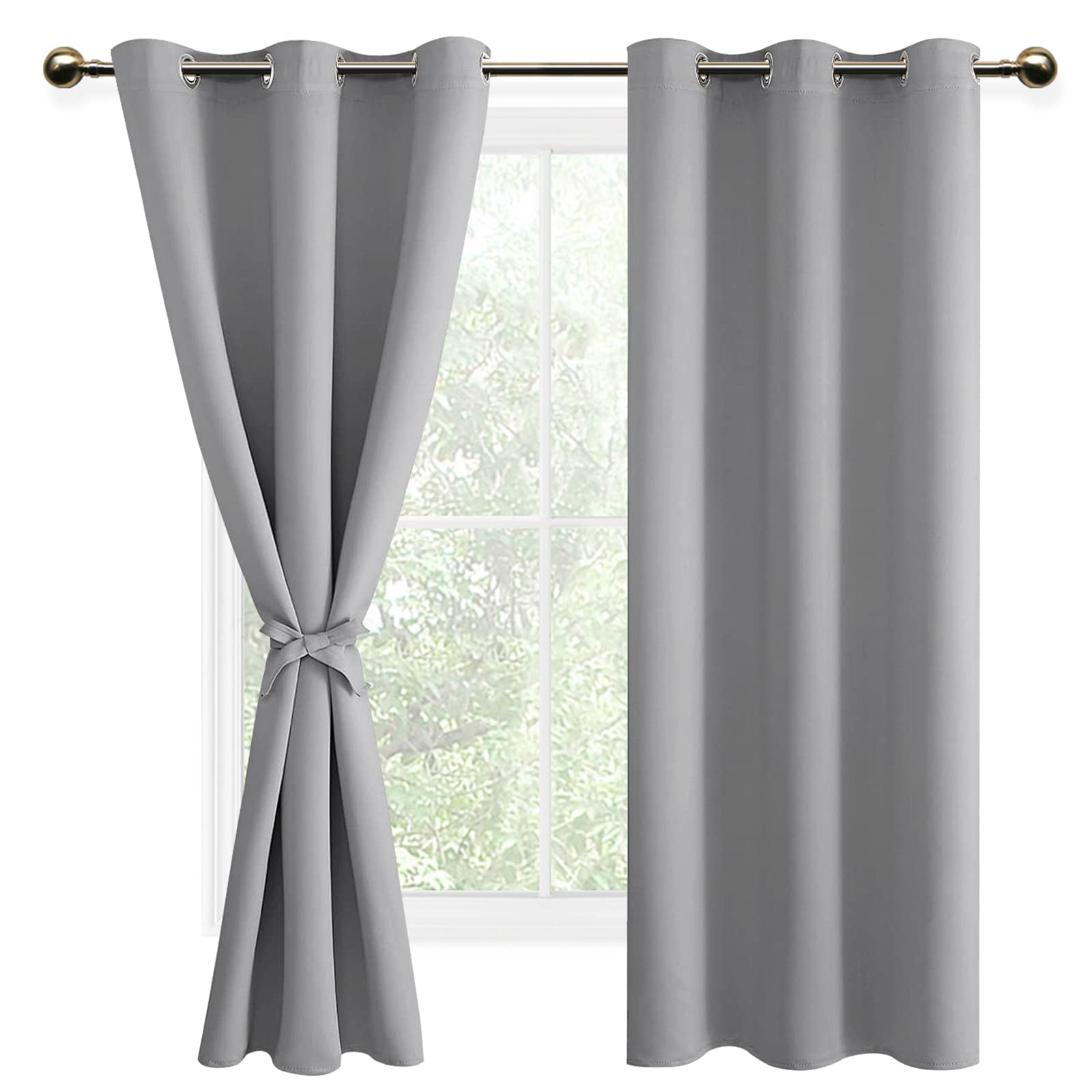 DWCN Silver Grey Blackout Curtains with Tiebacks for Bedroom Thermal Insulated Solid Eyelet Curtains for Living Room,2 Panels,46" Wide x 72" Drop