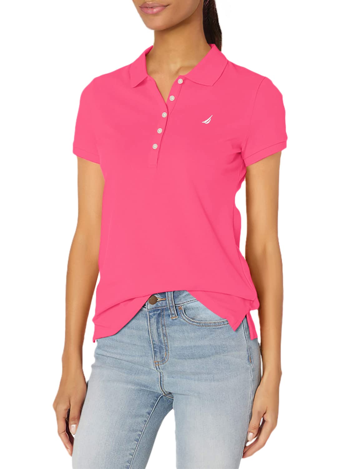 Photo 1 of Nautica womens 5-button Short Sleeve Breathable 100% Cotton Polo Shirt, Leis Pink, XX-Large US