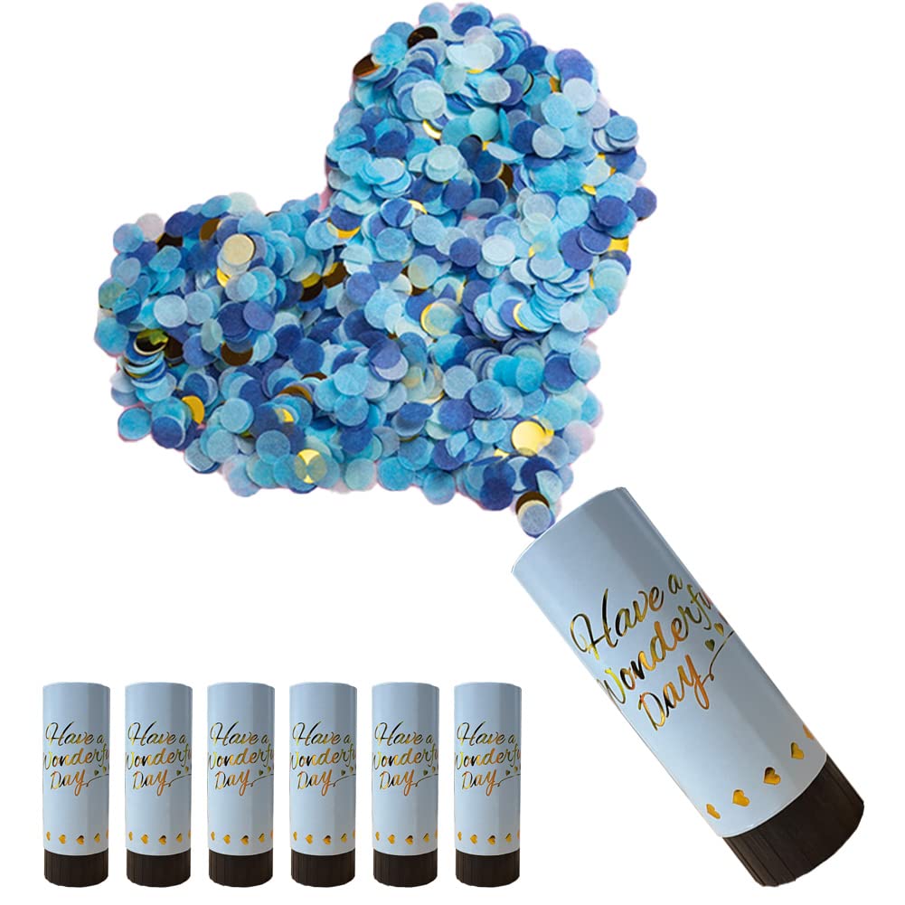 DEARLIVES 6 Pcs Blue Confetti Cannons, Biodegradable Confetti Wedding Party Poppers 11cm with Twisting Black Turntable to Left for Graduation Bridal Anniversary New Year Celebration Supplies