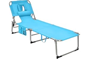 GYMAX Tanning Chair, Folding Beach Lounger with Face Arm Hole, Adjustable Backrest, Side Pocket, Pillow & Carry Handle, Outside Sunbathing Lounge Chair for Patio, Poolside (1, Turquoise)
