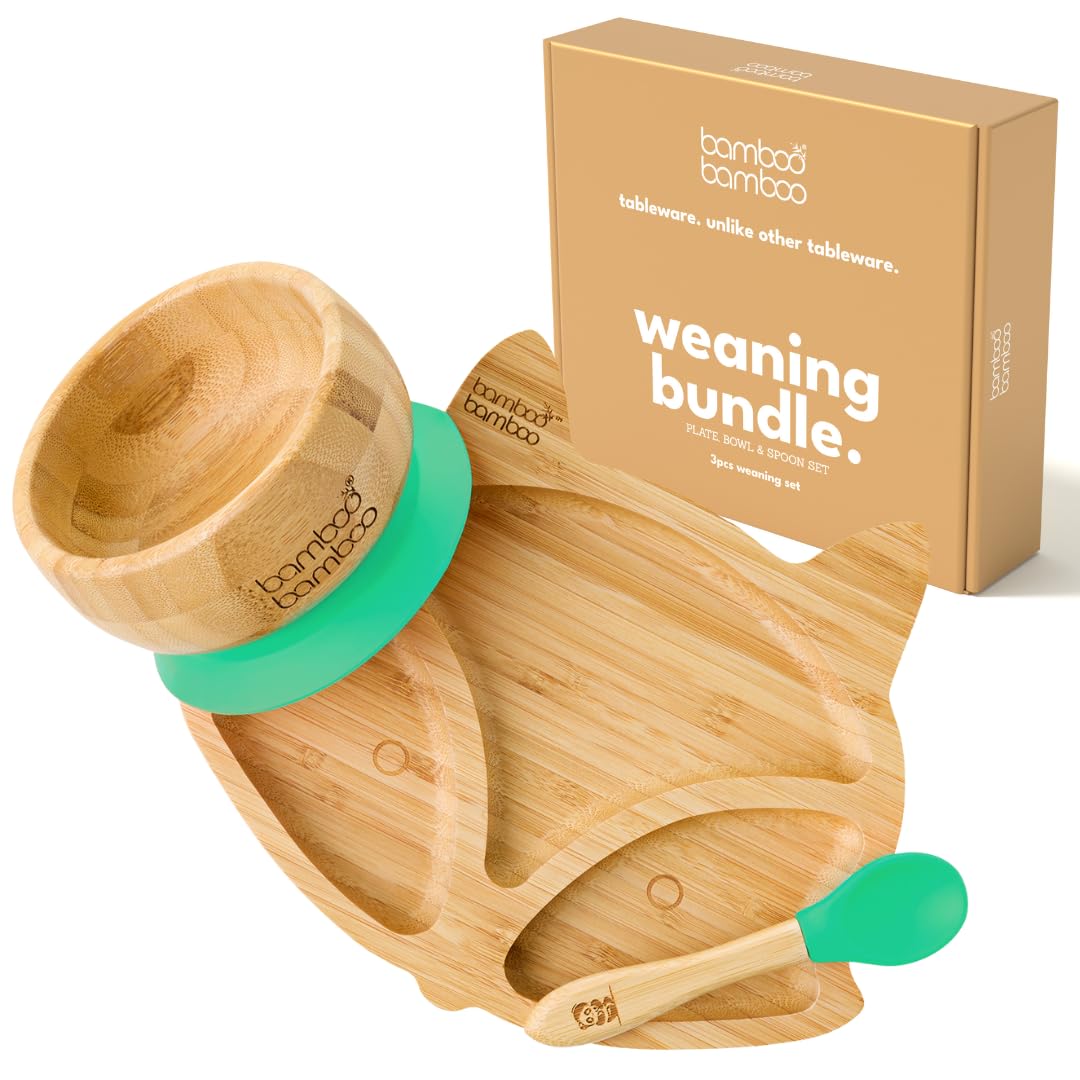 bamboo bamboo Baby Plate & Bowl Weaning Set with Secure Suction for Feeding and Weaning, Bamboo Fox Plate, Toddler Bowl & Baby Spoon, Suction Plates for Babies from 6 Months (Fox, Green)
