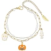 LETFLY Halloween Bracelets for Women, 18K Gold Silver Plated Pumpkin Spider Ghost Witch Charms, Stackable Beaded Bracelet Jewelry Gifts for Women