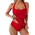 Eomenie Womens Halter Tankini Bathing Suit Ruched Tummy Control Two Piece Swimsuit with Bottom