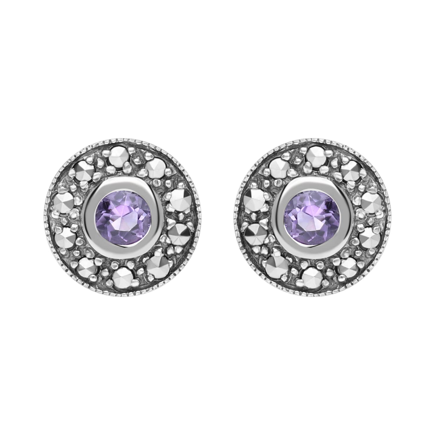 Esse Marcasite Sterling Silver Amethyst and Marcasite Petite Stud Earrings of 0.8cm โ image 1