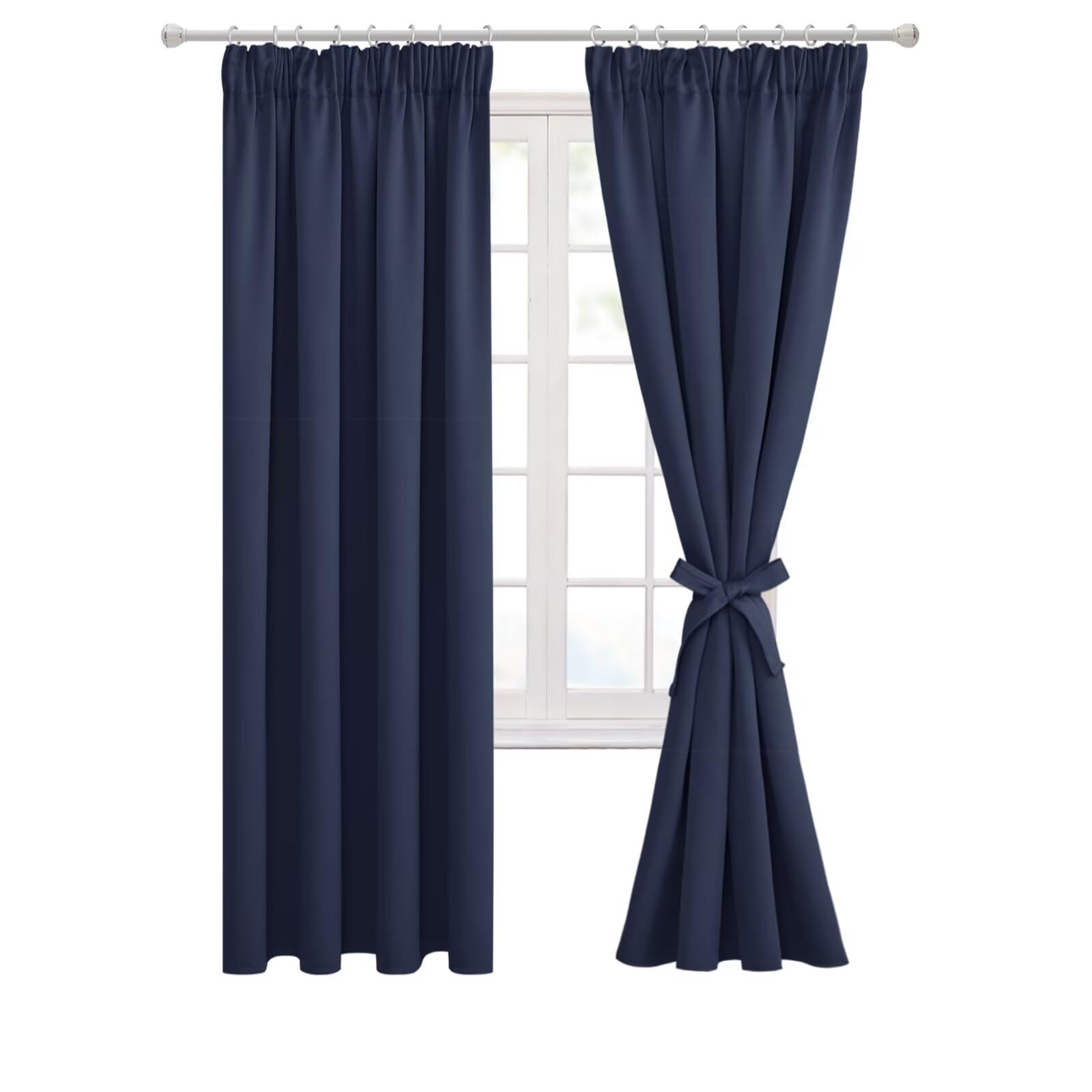 Hiasan Pencil Pleat Blackout Thermal Insulated Curtains, Bedroom and Living Room with Tiebacks, Energy Saving and Noise Reducing, 2 Panels, 46 x 72 Inch, Navy Blue