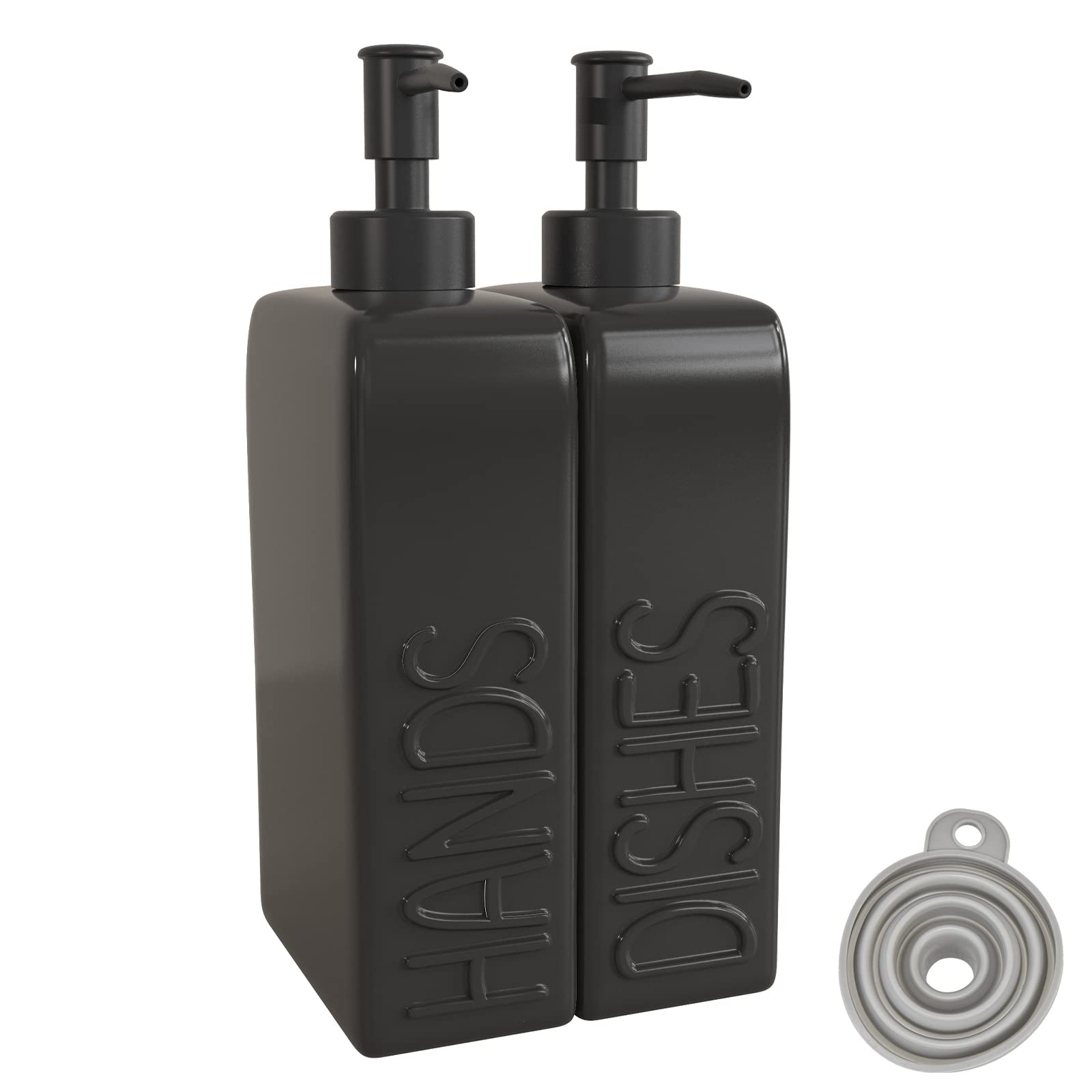 Photo 1 of Karisky Ceramic Soap Dispenser Set, 2 Pack Kitchen Soap Dispenser with Funnel, Non-Slip Silicone Pads, Liquid Hand Soap and Dish Soap Dispenser for Kitchen, Bathroom, Matte Black
