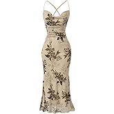 SOLY HUX Women's Floral Mesh Bodycon Cami Dress Cowl Neck Sleeveless Cocktail Party Wedding Guest Long Maxi Dresses