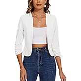 MINTLIMIT Womens White Blazer Jacket 3/4 Ruched Sleeve Open Front Suit Jacket Casual Work Office Cropped Cardigan Suit Jacket,S