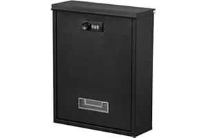 Dalmbox Locking Mailbox Wall Mount, Wall Mounted Mailbox with Combination Lock, Large Drop Box with Galvanized Steel Cover, Rust-Proof Metal Post Box, Black, 10.2” x 3.7” x 12.6”