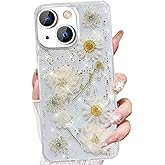 Changjia Clear Glitter Floral Case for iPhone 15 Plus, Cute Pressed Dried Real Flowers Design Bling Sparkly White Floral Soft TPU Slim Women Girls Protective Case for iPhone 15 Plus 6.7" (Clear Gold)