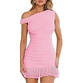 Nsbonu Women Sexy Off Shoulder Mini Dresses Bodycon Ruched Ruffle Hem Club Party Short Dress