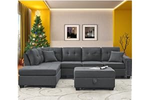 UBGO Living Room Furniture Sets,Sectional Sofa with Storage Ottoman,L-Shaped Two Cup Holders&Extra Wide Reversible Chaise,Upholstered Couch for Large Space Apartments, Gray F