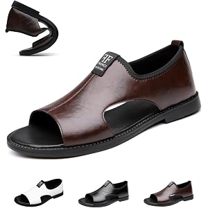 GHTRHSB Men's Leather Open Toe Sandals with Anti-Slip Rubber Sole Comfortable Breathable Slip On Sandals for Walking Driving