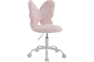 chairus Kids Desk Chair Butterfly Faux Fur Study Chair for Teenage Girls Adjustable Kids Vanity Chair for Bedroom Reading Living Room, Small Cute Student Task Chair with White Foot, Baby Pink
