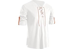 CTU Men's Pure Cotton Shirt Retro Lace Up V-Neck Button Arm Shirts Medieval Viking Pirate Renaissance Costume