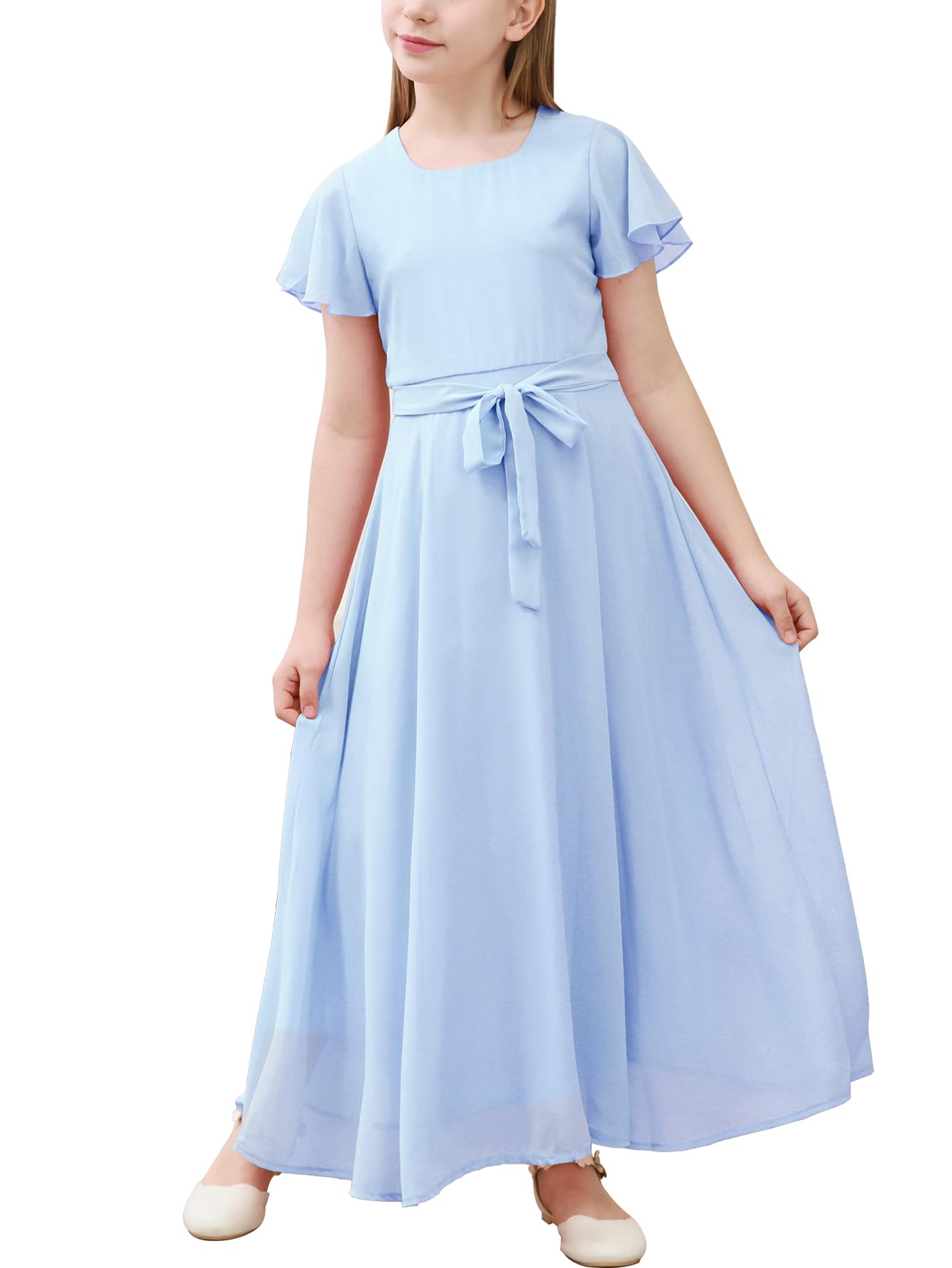 Photo 1 of 16y GORLYA Girls Scoop Neck Ruffle Sleeve Vintage Elegant Flowy Wedding Party Long Maxi Chiffon Dress 10-16Y(GOR1184,16Y,LightBlue)