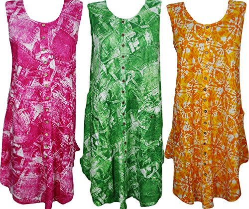 Lots Of 3 Womens Caftan Tank Dress Button Front Sleeveless Beach Cover Up Resort Wear Sundress