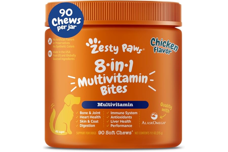Zesty Paws Dog Multivitamin, Chewable Dog Vitamins and Supplements for Hip & Joints, Skin & Coat, Omega 3 Fish Oil for Dogs- Senior & Puppy Multivitamin- Chicken- 90ct