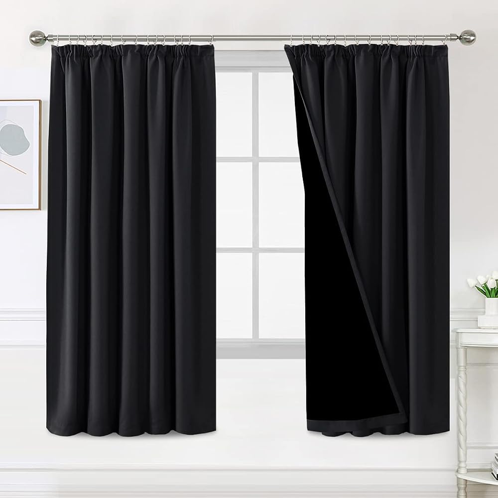 BellaHills 100% Blackout Curtains 66x72 Pencil Pleat 2 Panels Black Liner