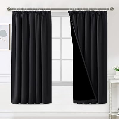 BellaHills 100% Blackout Curtains 66x72 Pencil Pleat 2 Panels Black Liner