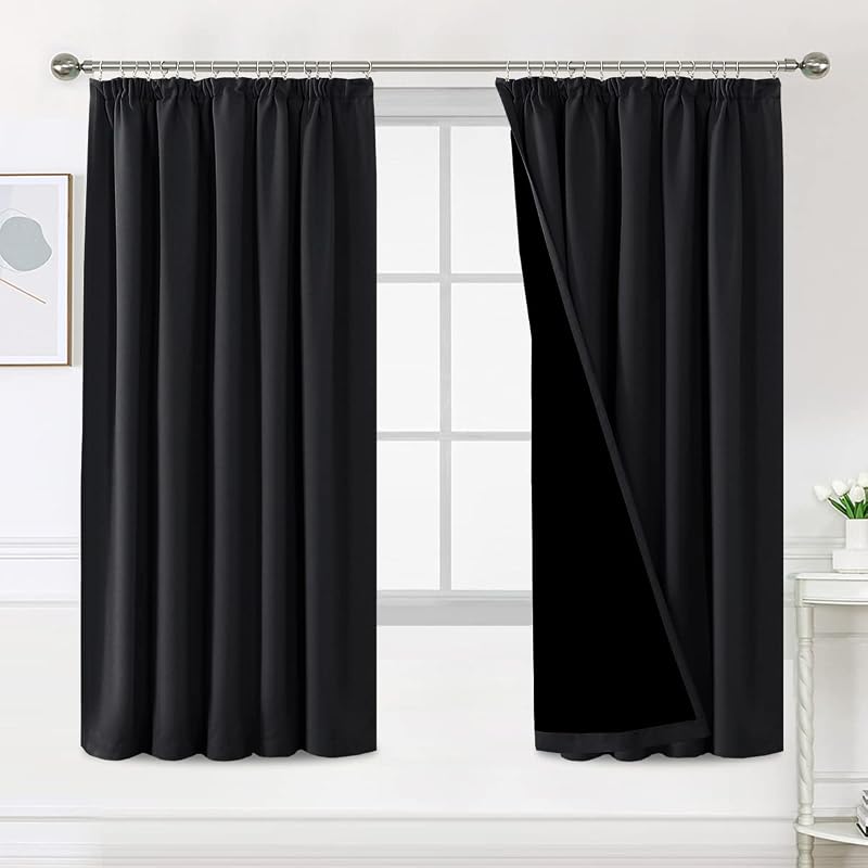 BellaHills 100% Blackout Curtains 66x72 Pencil Pleat 2 Panels Black Liner