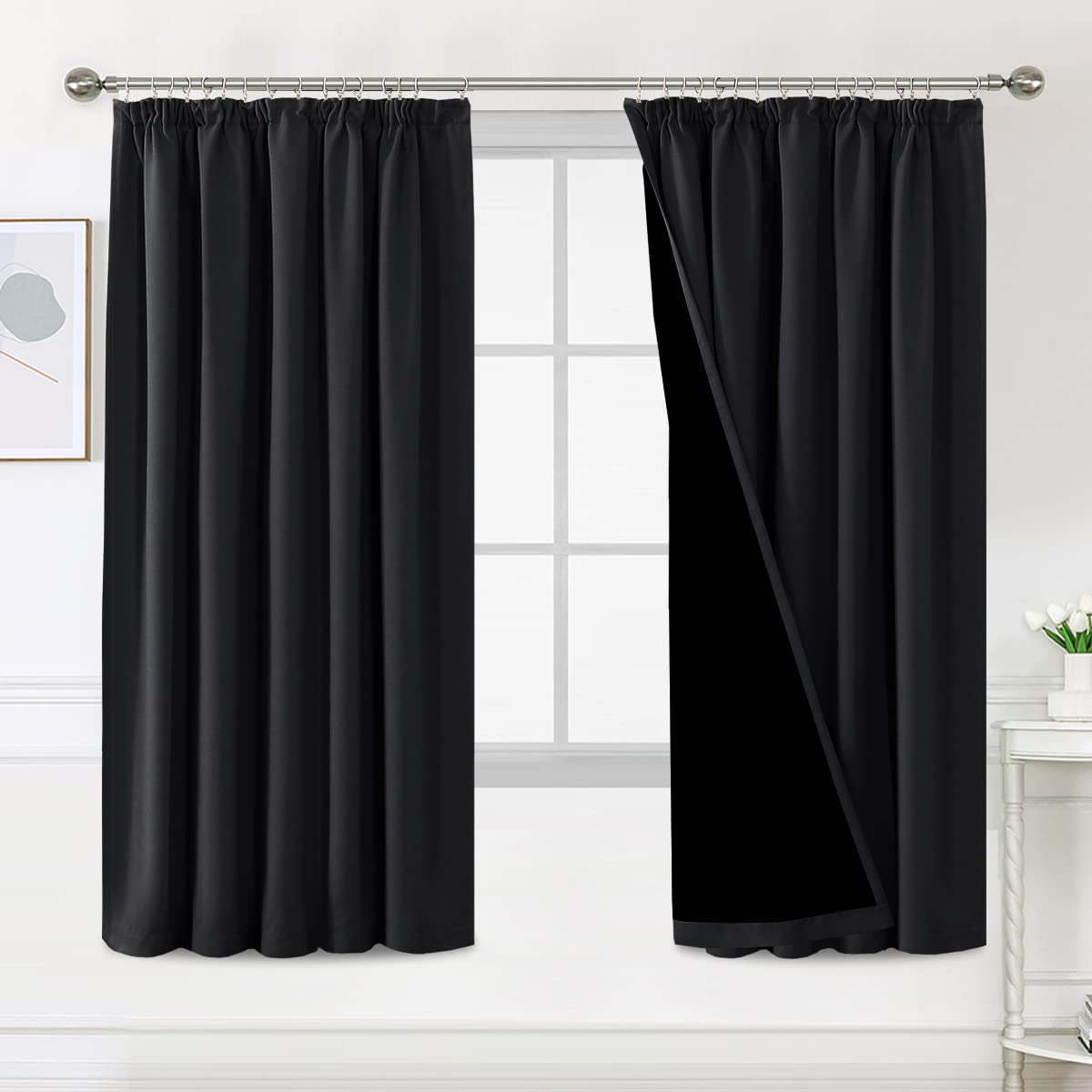 BellaHills 100% Blackout Curtains for Bedroom Thermal Insulated Curtains & Drapes Blackout Curtains Pencil Pleat Curtains for Living Room with Black Liner 2 Panels, 66 x 72 Inch, Black