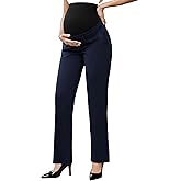 Ecavus Maternity Pants Over The Belly Seamless Stretch Work Pants Dual Length Pregnancy Office Dress Pants with Pockets